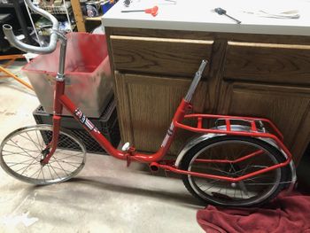 Test-fitting the progress so far. The decals are on, and the frame clamp wheel has been plasti-dipped, so the frame looks complete-ish. I've got the rear fender polished and on, but not the front. And I've got a new alloy stem replacing the original steel unit, but some bullhorn handlebars did not stick around past the test fitting.