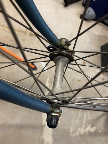 The hubs are Maillard, laced to pretty Rigida alloy 27" rims. Not terrible stuff, if I can get it to clean up. If not, it will end up with a 700c conversion, but I would rather keep the original French parts.