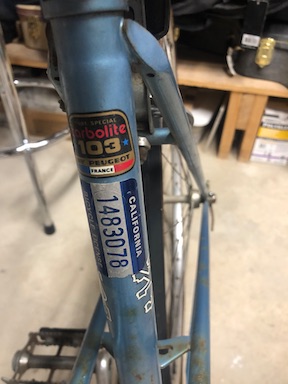 The carbolite sticker tells you a lot about this ex-California bike: This was a high-tensile steel bike, sitting at the upper part of the lower end of the Peugeot line-up. The frame weighs in at 7 pounds even. so it's no lightweight, but the French could work magic with stovepipe frames.