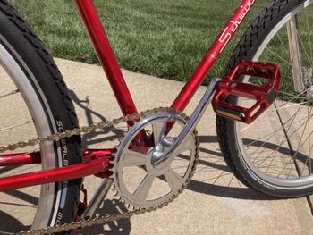 Original cranks and Schwinn chainring, with new gold chain.