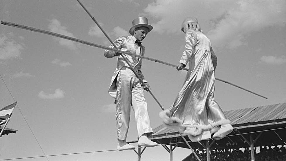 Tightrope performers do their thing at a fair in Kansas in 1939. Photo from the Library of Congress.